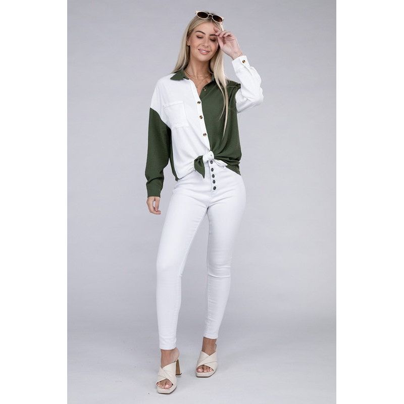 NUVI APPAREL Green/White Color Block Shirt