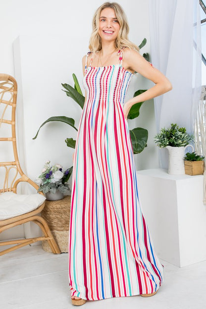 E LUNA Stripe Smocked Maxi Tank Dress