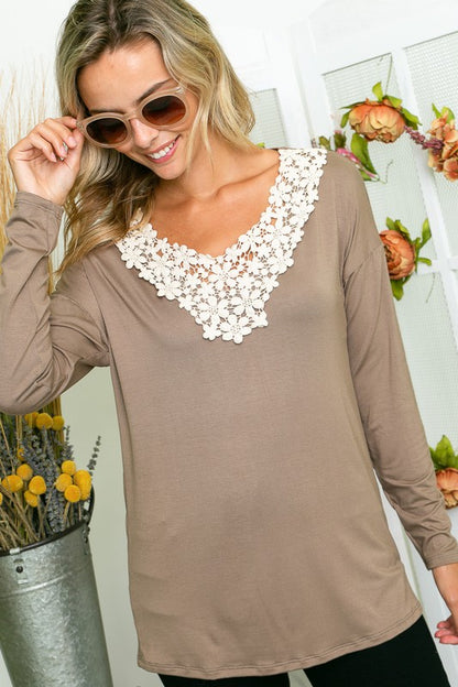 E LUNA Long Sleeves Top with Floral Lace Detail