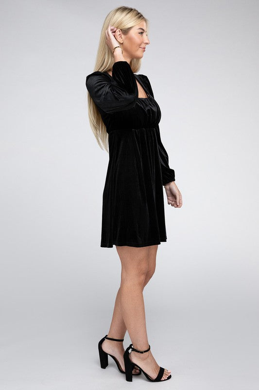 NUVI APPAREL Black Square Collar High Waist Mini Velvet Dress