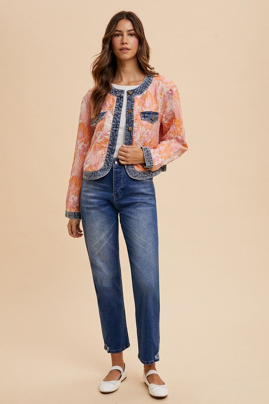 Annie Wear Women's Coral Combo Floral Jacquard Denim Contrast Jacket