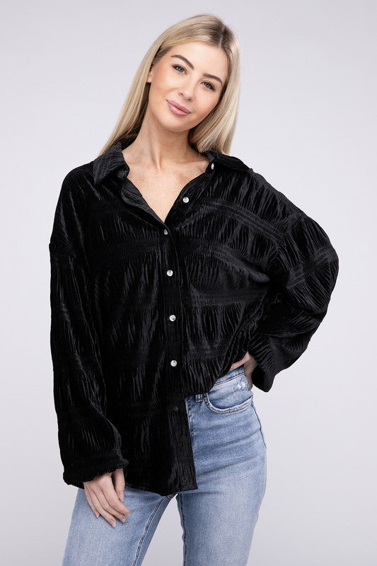 BiBi Wrinkle Effect Tiered Shirring Velvet Shirt