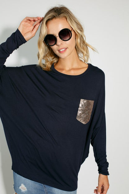 E LUNA Dolman Long Sleeves Top with Sequined Pocket