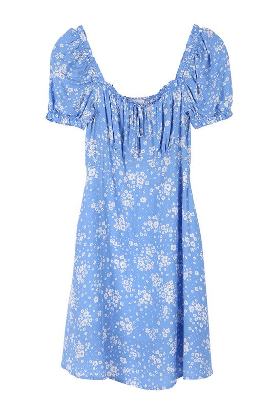 LILOU Light Blue Floral Puff Sleeve Dress