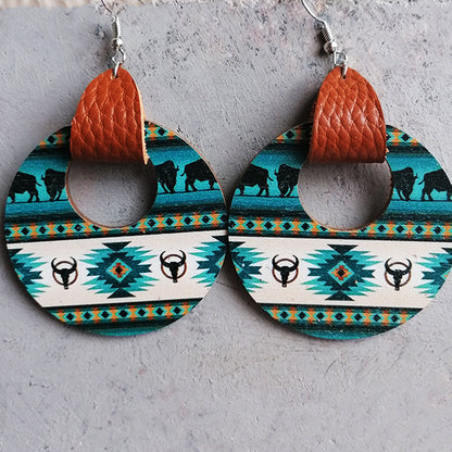 Round Wooden Western Dangle Earrings