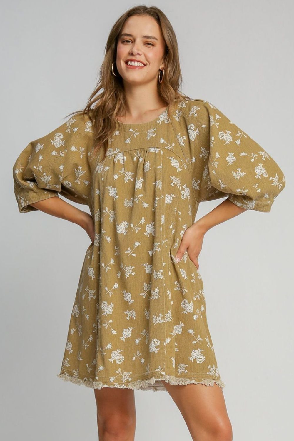 Umgee Women's Mocha Raw Hem Floral Print Round Neck Denim Dress