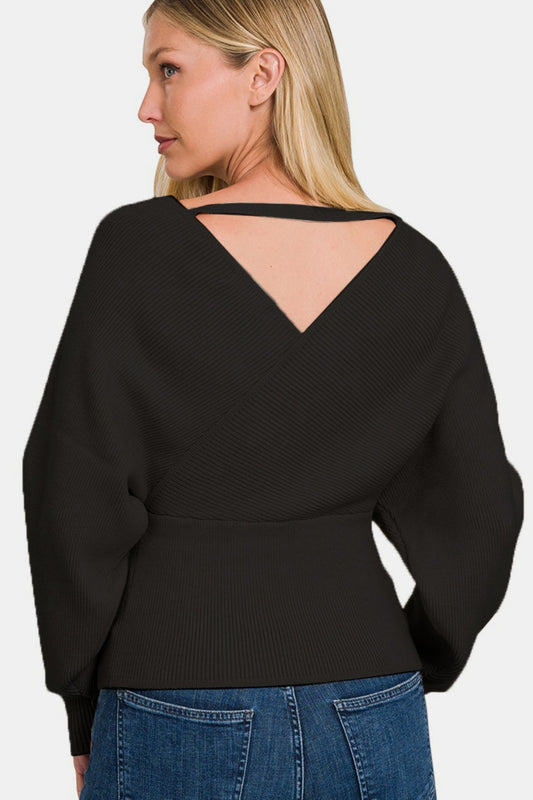 ZENANA Black Cross Wrap Rib Long Sleeve Sweater