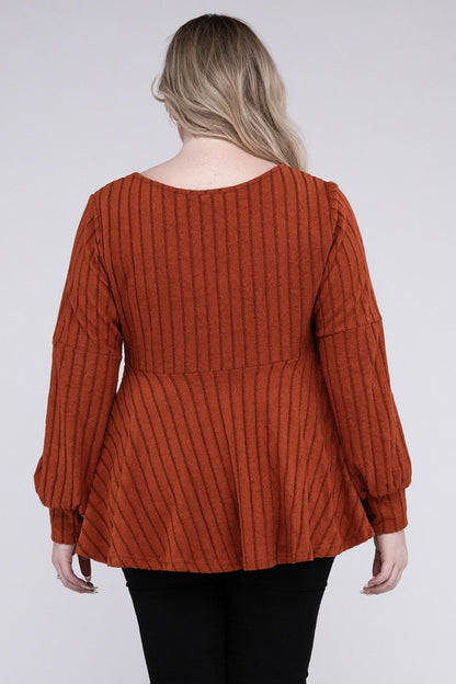 NUVI APPAREL Brown Plus-size Autumn V Neck Sweater with Ruffled Hem