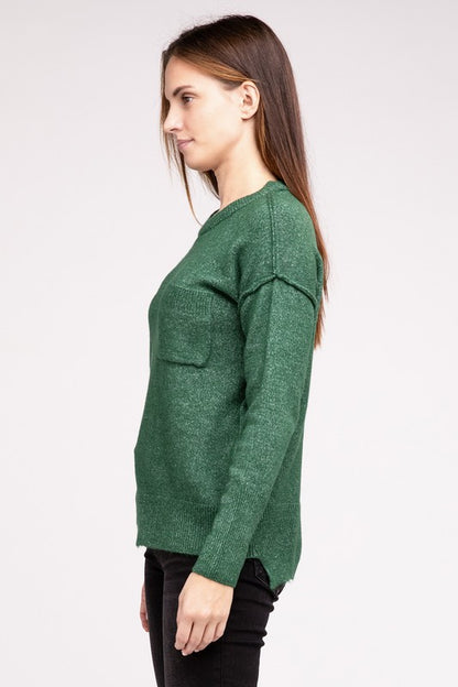 ZENANA Melange Hi-Low hem Round Neck Sweater