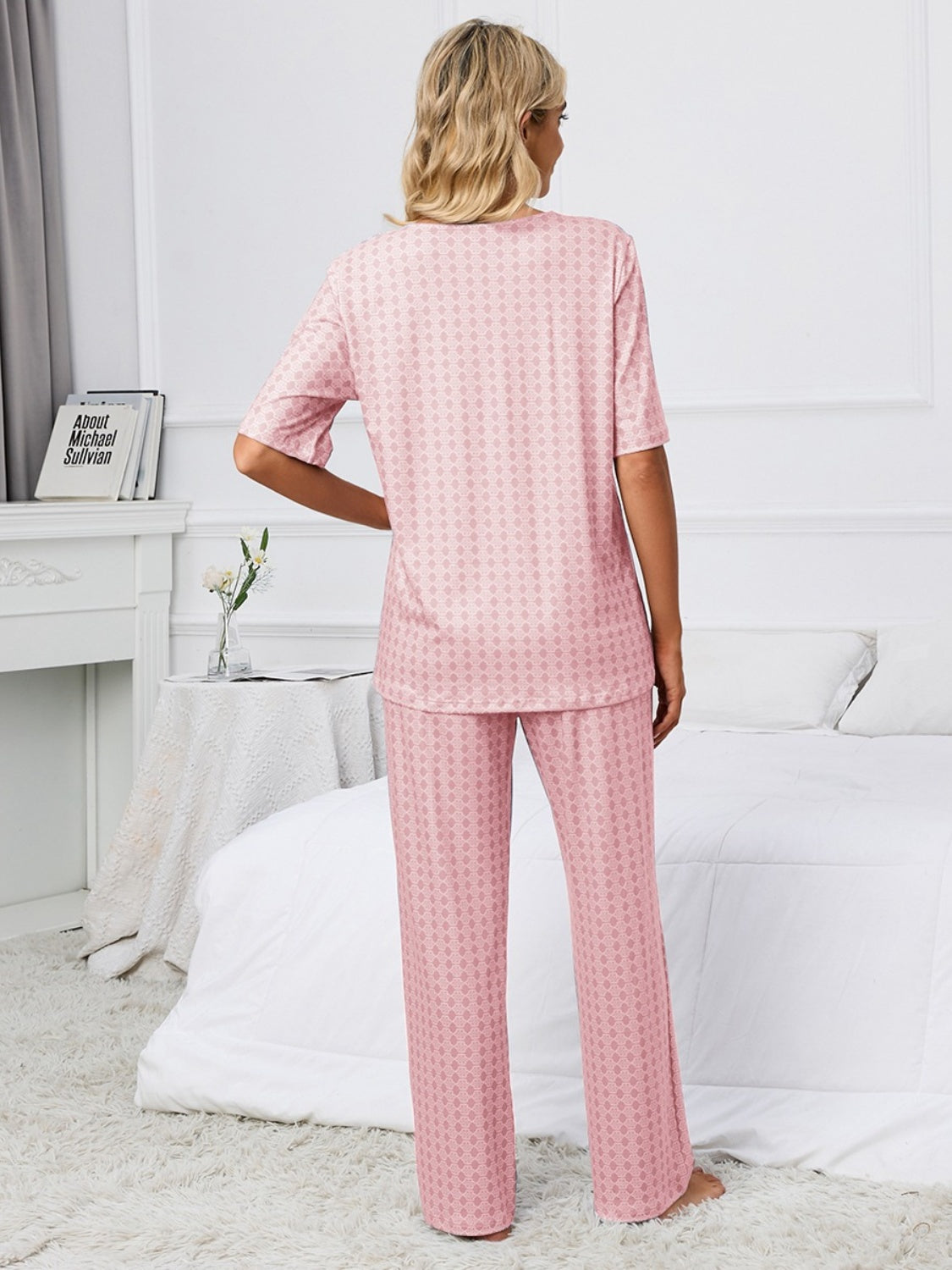 X.Y.M. Printed V-Neck Top and Pants Pajamas Set