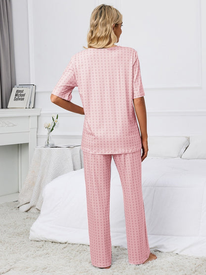 X.Y.M. Printed V-Neck Top and Pants Pajamas Set