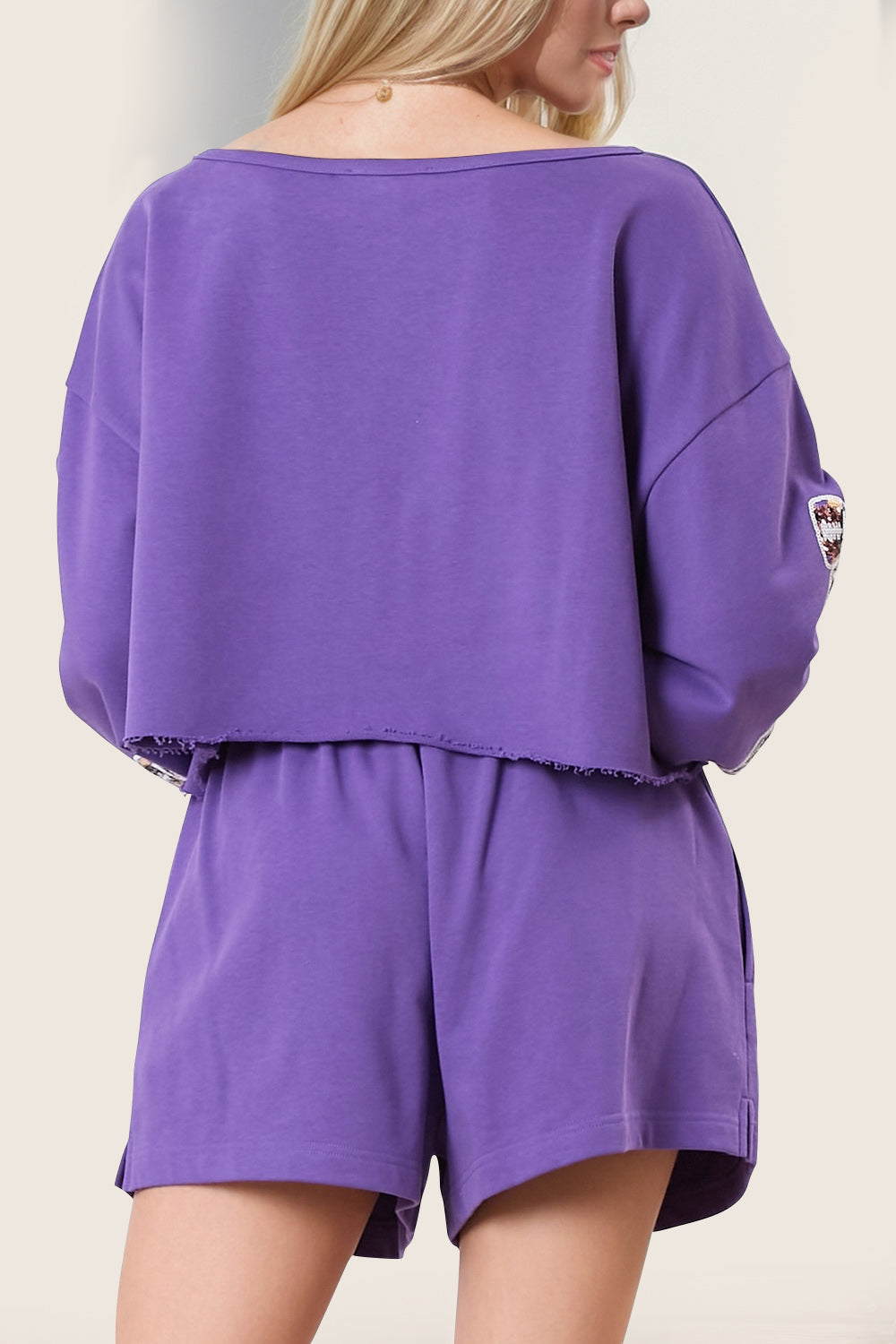 DOUBLE  TAKE Women's 2 Piece Purple Cropped Sweatshirt and Shorts Set with Sequin Bow