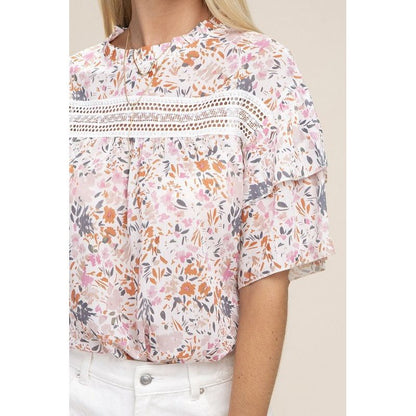 NUVI APPAREL Floral chiffon top with lace trim