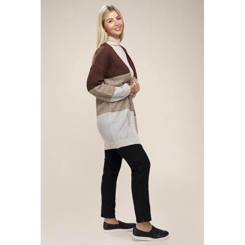 NUVI APPAREL Color Block Open Front  Cardigan