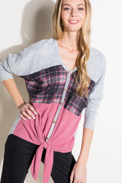 E LUNA Plaid Contrast Mixed Long Sleeves Top