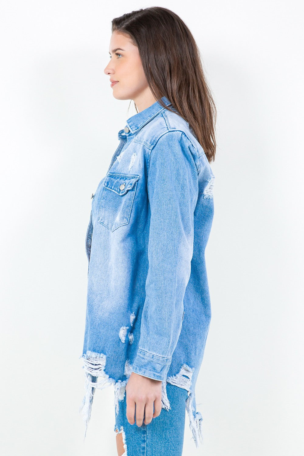 AMERICAN BAZI Frayed Hem Distressed Denim Shirt Jacket