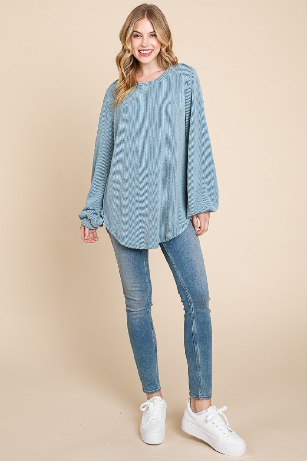 BOMBOM Long Sleeve Curved Hem Ribbed Top