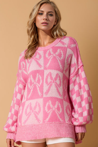 DOUBLE TAKE Women's Pink Full Size Checkered Bow Contrast Long Sleeve Sweater