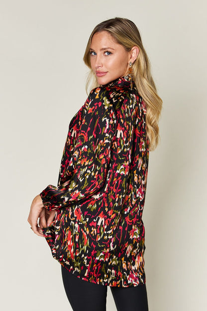 DOUBLE TAKE Full Size Printed Tied Neck Long Sleeve Blouse