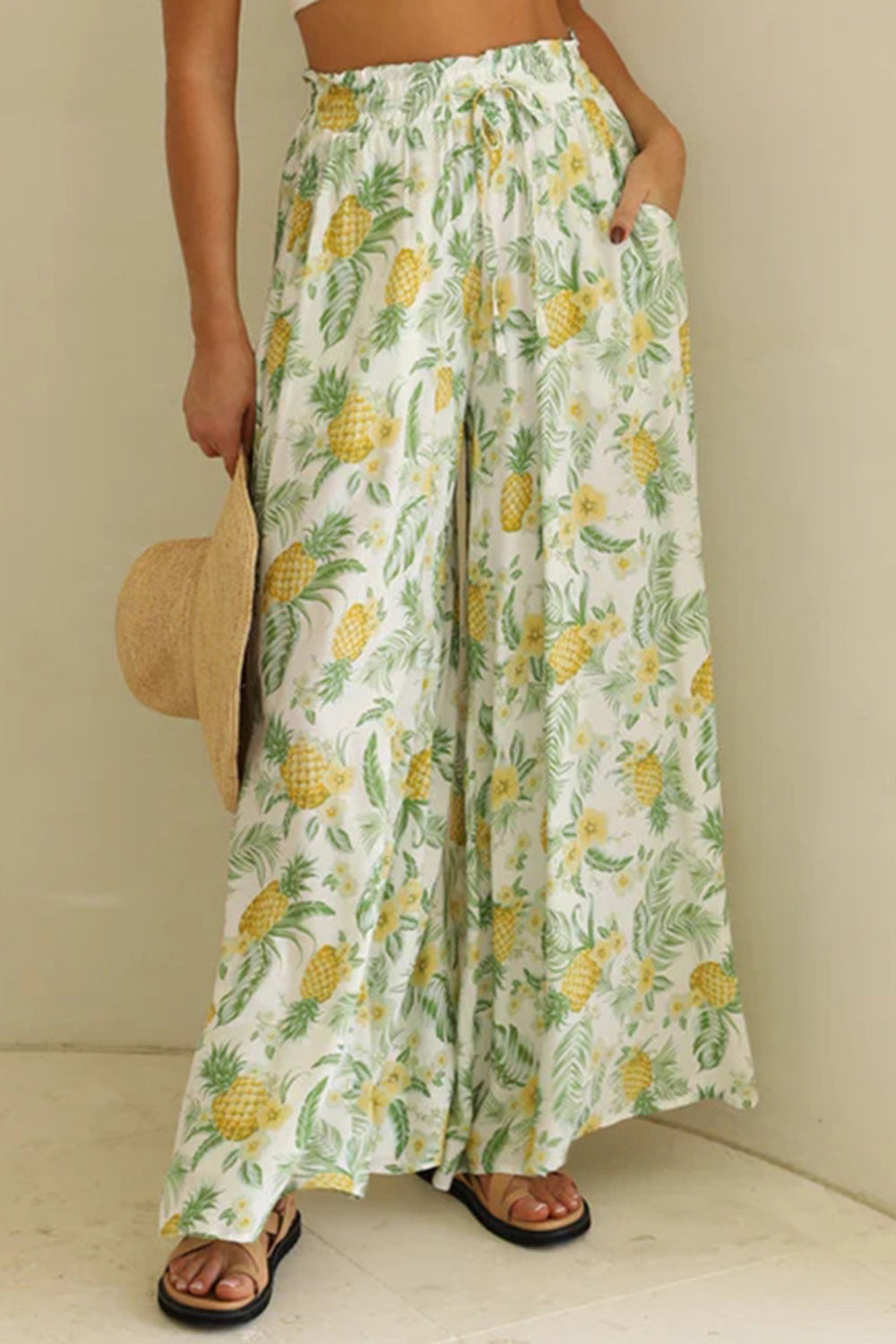 Pocketed Casual Printed Tied Wide Leg Pants