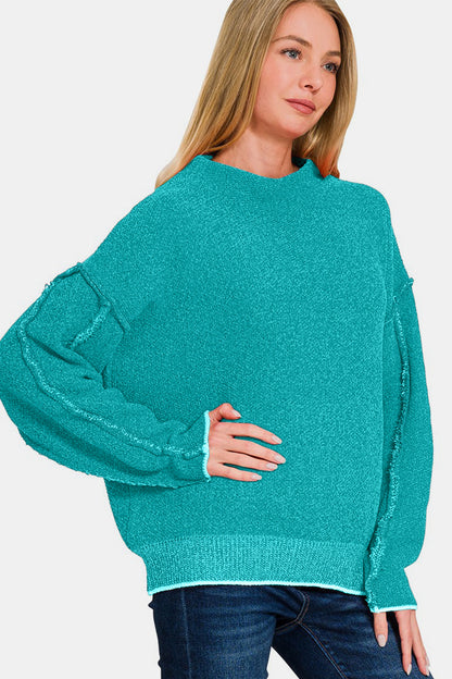 ZENANA Light Teal Exposed Seam Mock Neck Long Sleeve Sweater