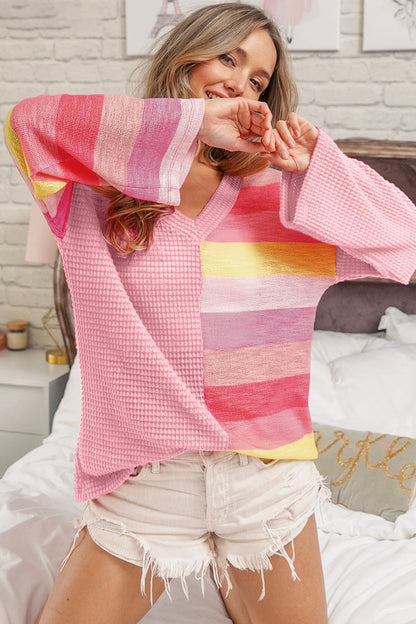 BiBi Pink Striped Contrast Waffle Long Sleeve Top