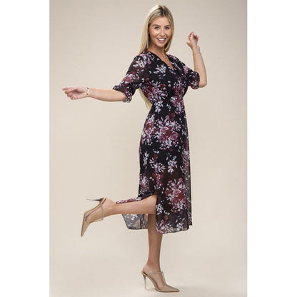 NUVI APPAREL Floral Print  V Neck Maxi Dress