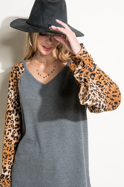 E LUNA Solid Top with Cheetah Print Sleeves