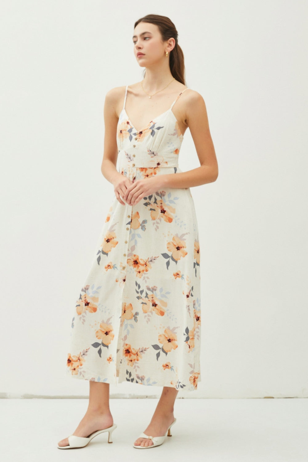 BE COOL Peach Hibiscus Floral Button Down Cami Midi Dress