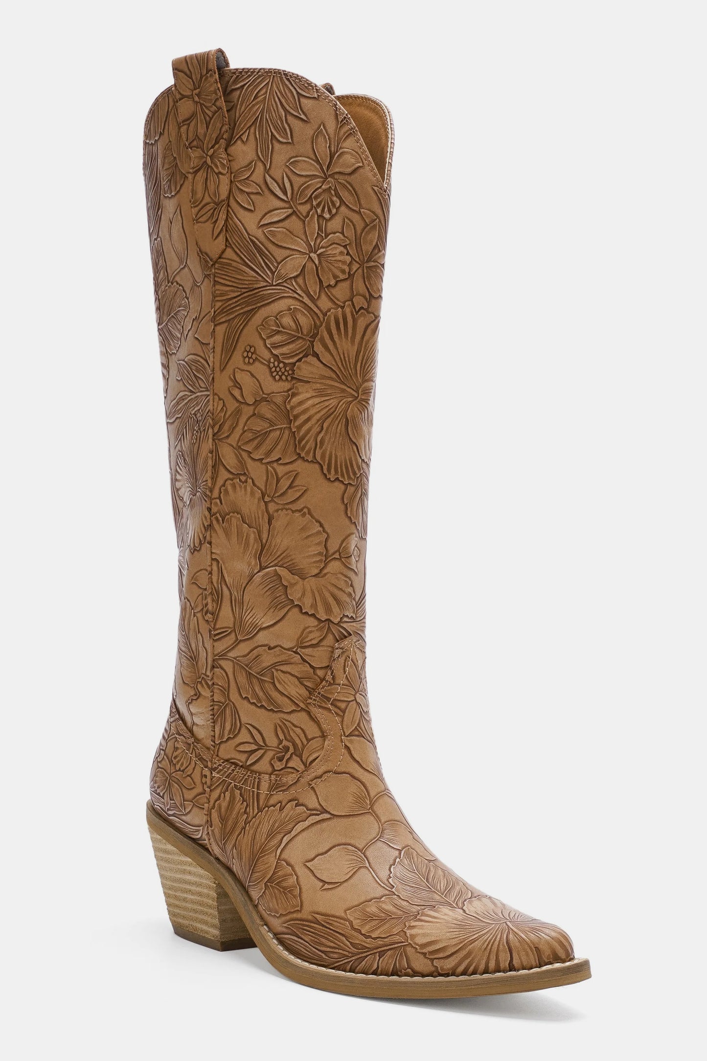 Beast Fashion Embossed Floral Point Toe Block Heel Cowgirl Boots-3 in