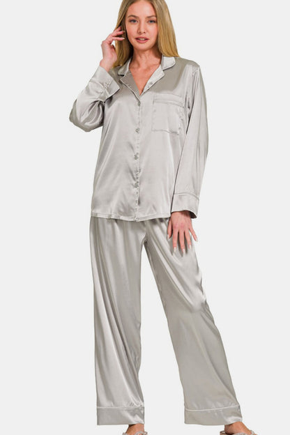 ZENANA 2 Piece Silver Pajama Set with Satin Long Sleeve Shirt and Pants