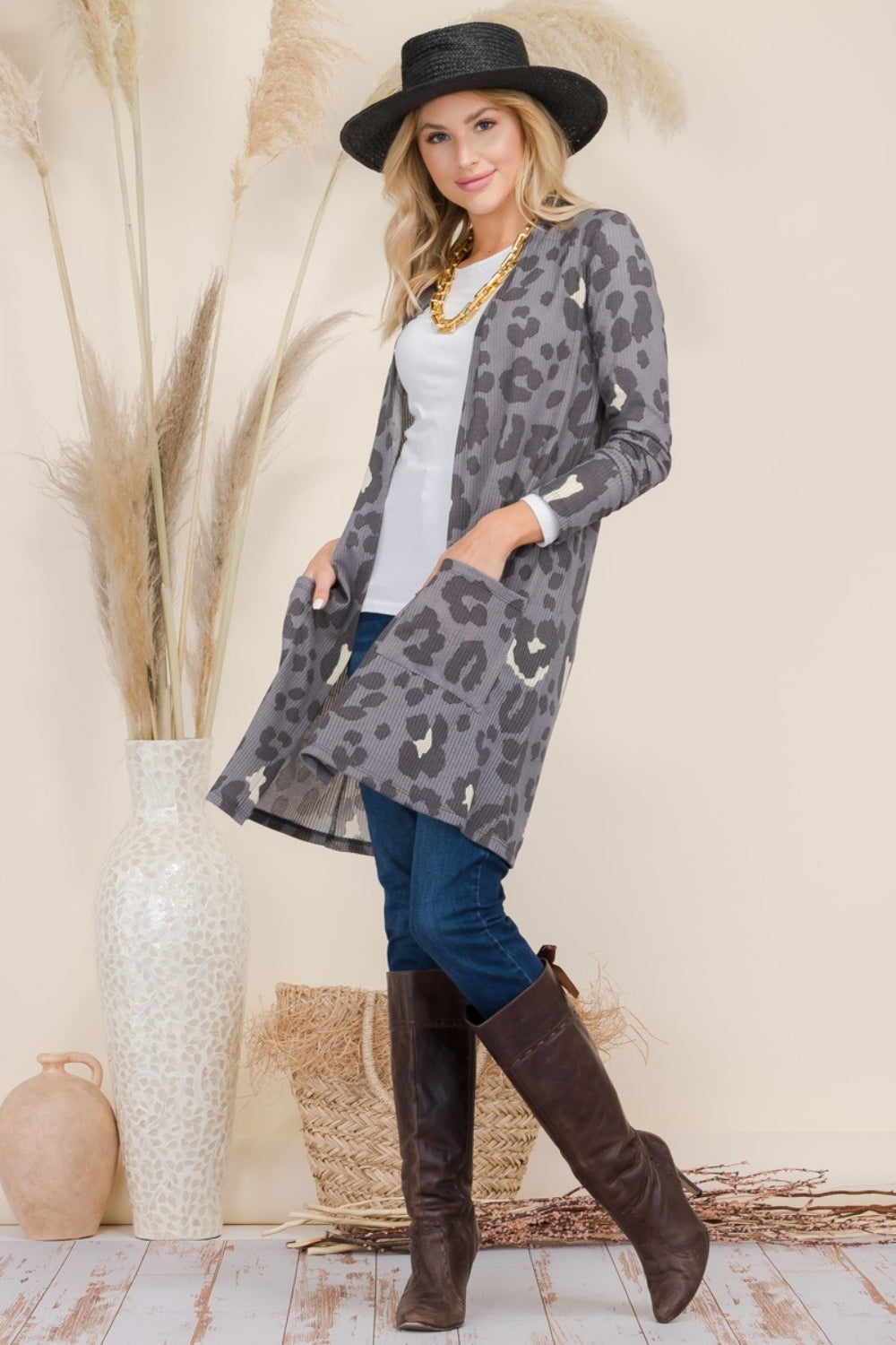 CELESTE Full Size Leopard Open Front Autumn Contrast Cardigan