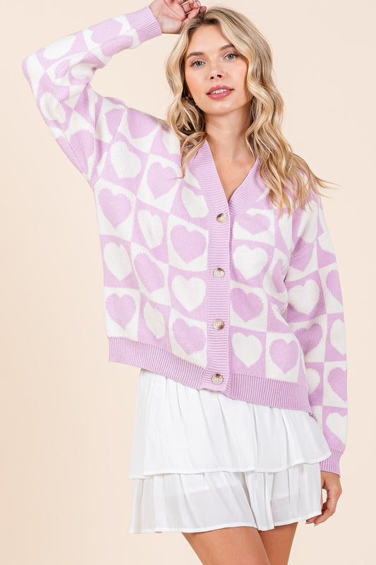 MITTOSHOP Lilac Checkered Heart Button Down Cardigan