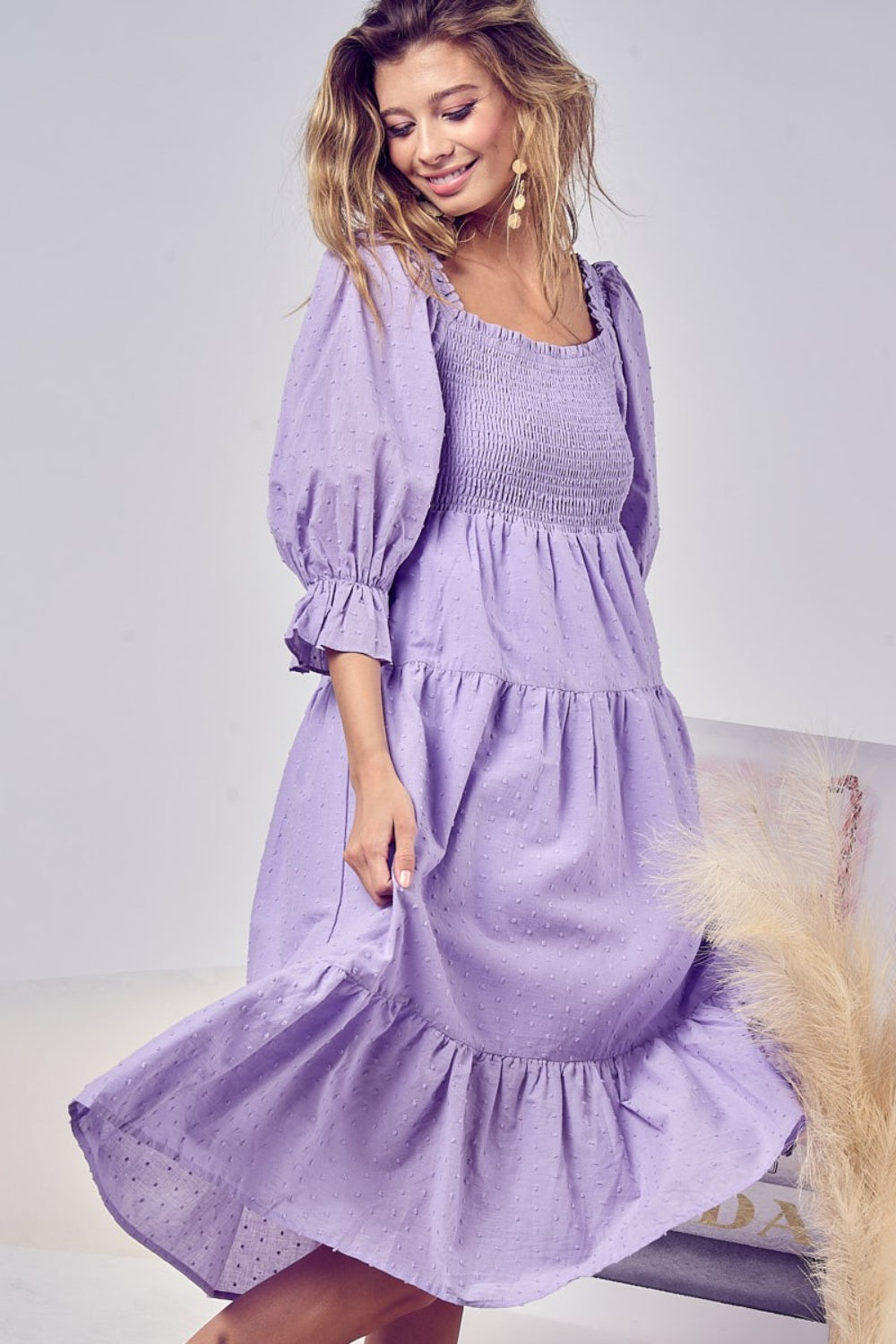 BiBi Lavender Swiss Dot Flounce Sleeve Smocked Tiered Midi Dress