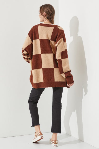 JADE by JANE Mocha/Beige Checkered Oversized Sweater