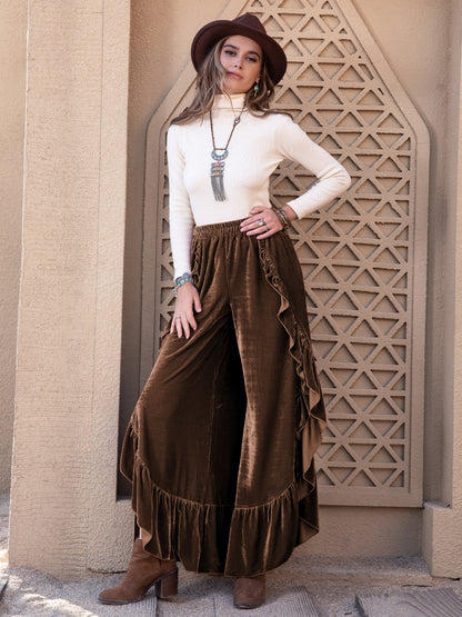 H.R.Z. Ruffle Trim Wide Leg Slit Velvet Western-Boho Pants