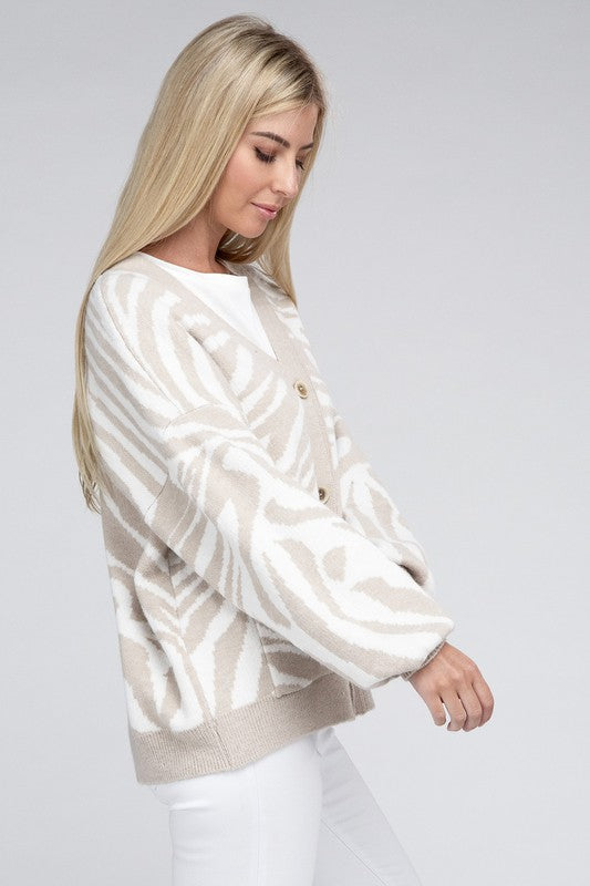 NUVI APPAREL Beige Zebra Pattern Cardigan Sweater