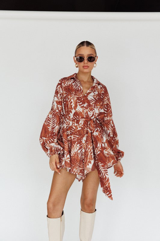 ONE & ONLY COLLECTIVE Leaves Print Puff Sleeved Romper