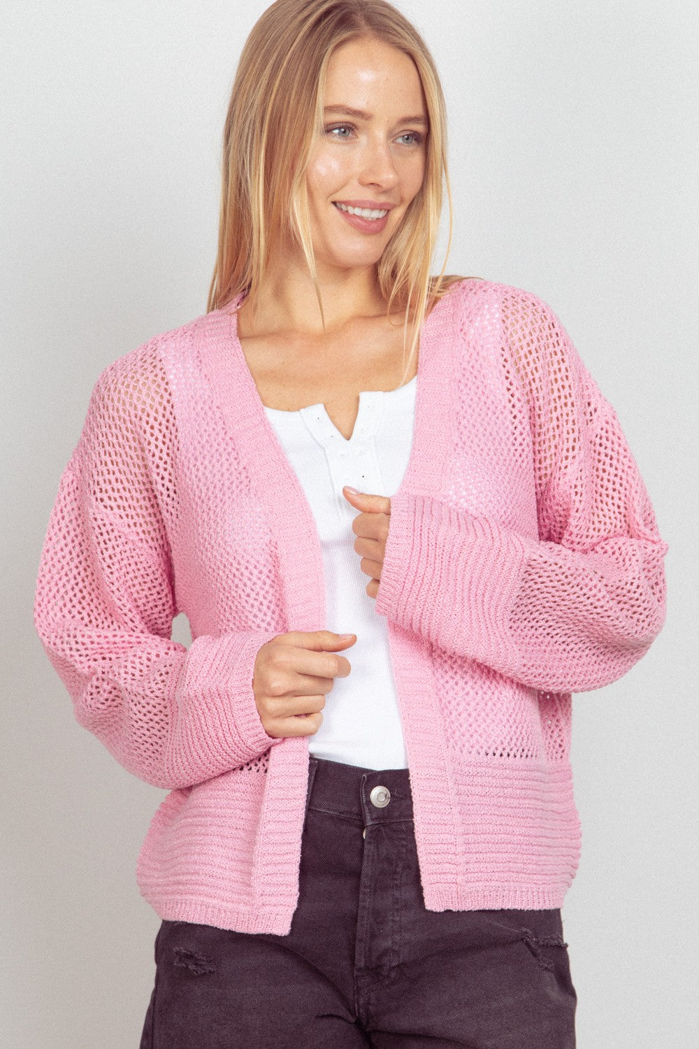 VERY J Pink Eyelet Open Front Long Sleeve Cardigan