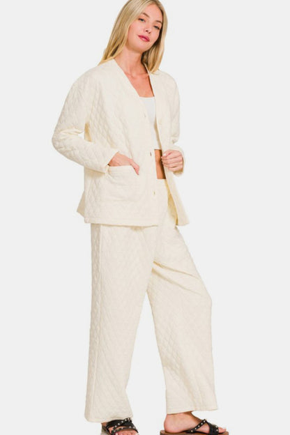 Zenana 2 Piece Women's Cream Quilted Button Up Long Sleeve Top and Pants Lounge Set