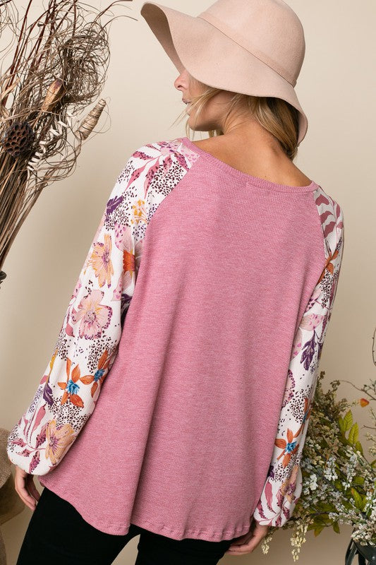 E LUNA Mauve Woven Floral Sleeve Top