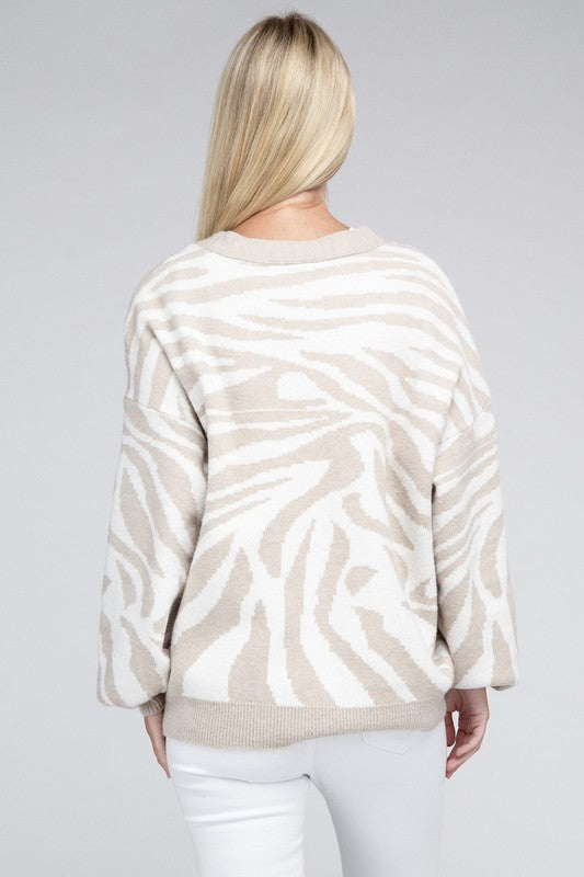 NUVI APPAREL Beige Zebra Pattern Cardigan Sweater