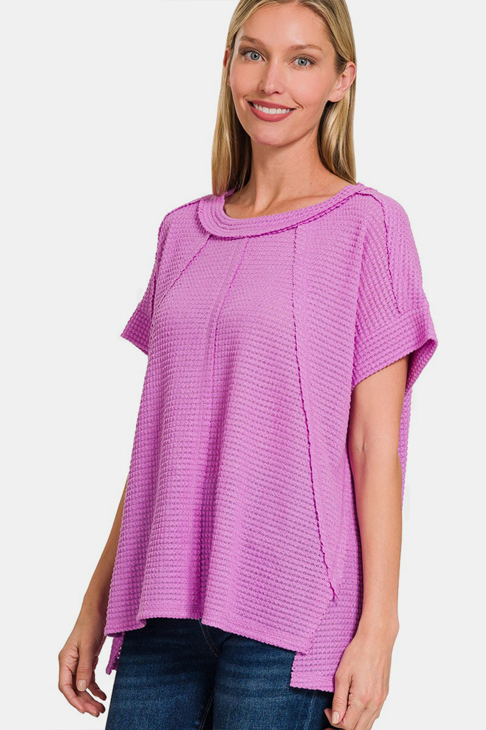 ZENANA Lavender Short Sleeves Waffle Knit Top with Exposed-Seam