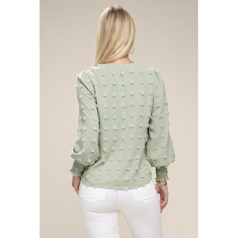 NUVI APPAREL Green Swiss Dot Contrast Lace Blouse