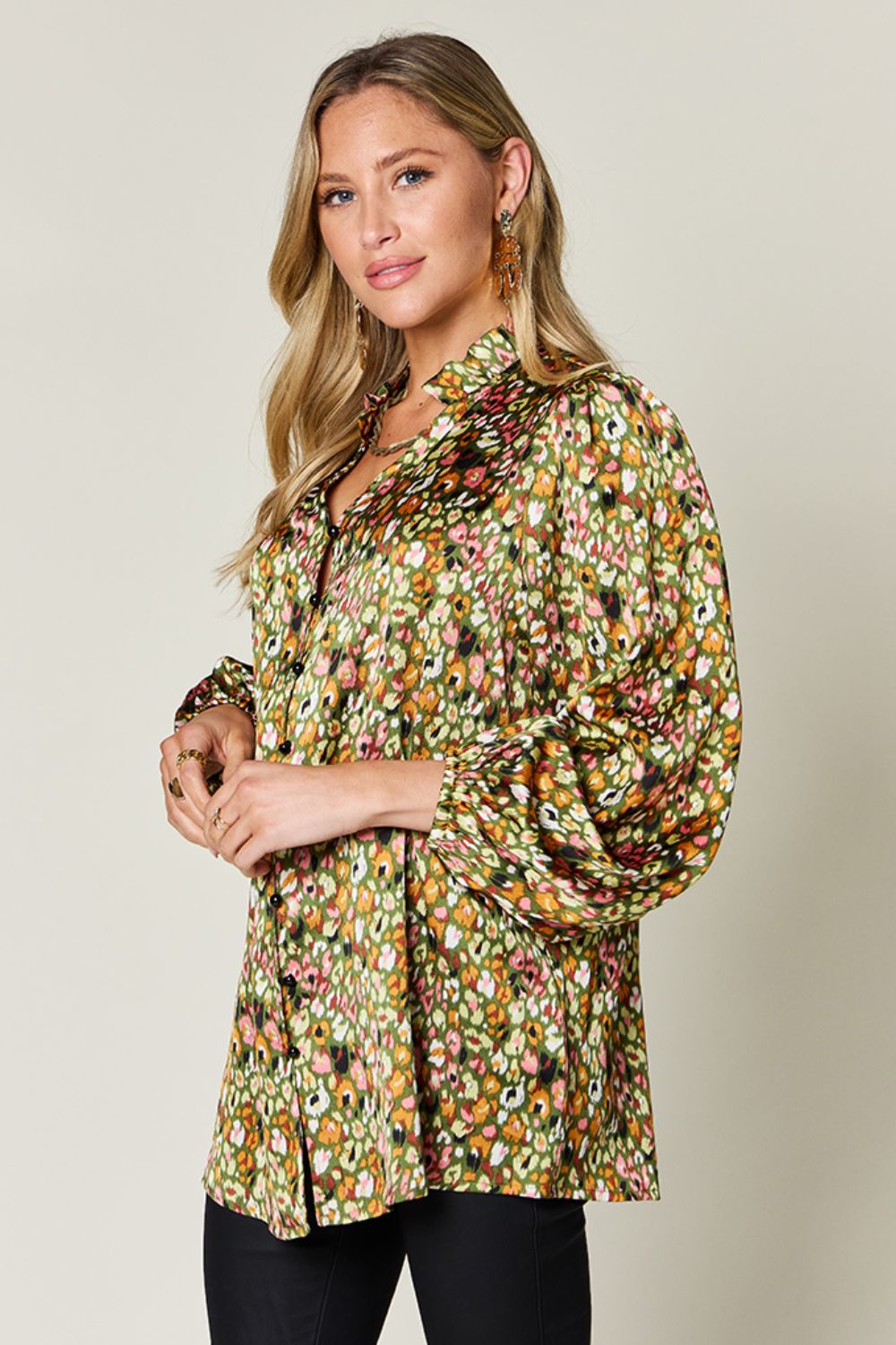 DOUBLE TAKE Full Size Printed Long Sleeve Blouse