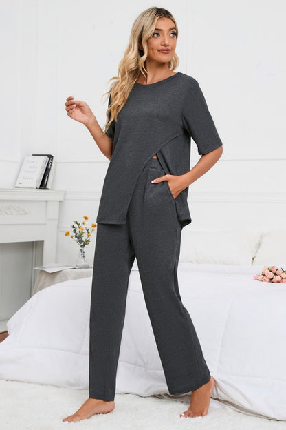 2 Piece Dark Grey Slit Round Neck Top and Pants Lounge Set