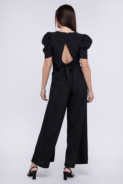 NUVI APPAREL Black V Neck Puff Sleeves Jumpsuit