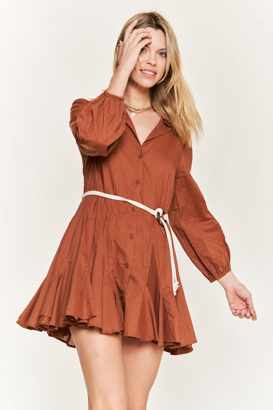 JADE by JANE Mini Flare Long Sleeve Shirt Dress with a Belt