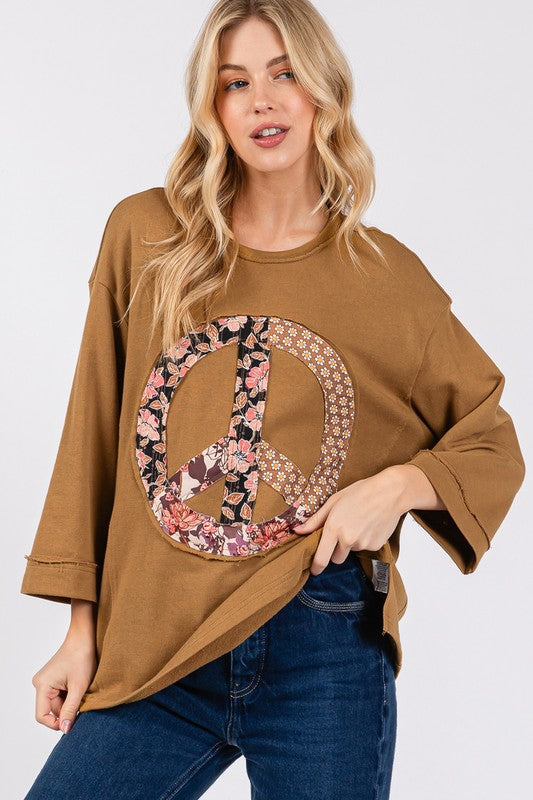 SAGE + FIG Women's Floral Peace Patch Round Neck Top in Caramel