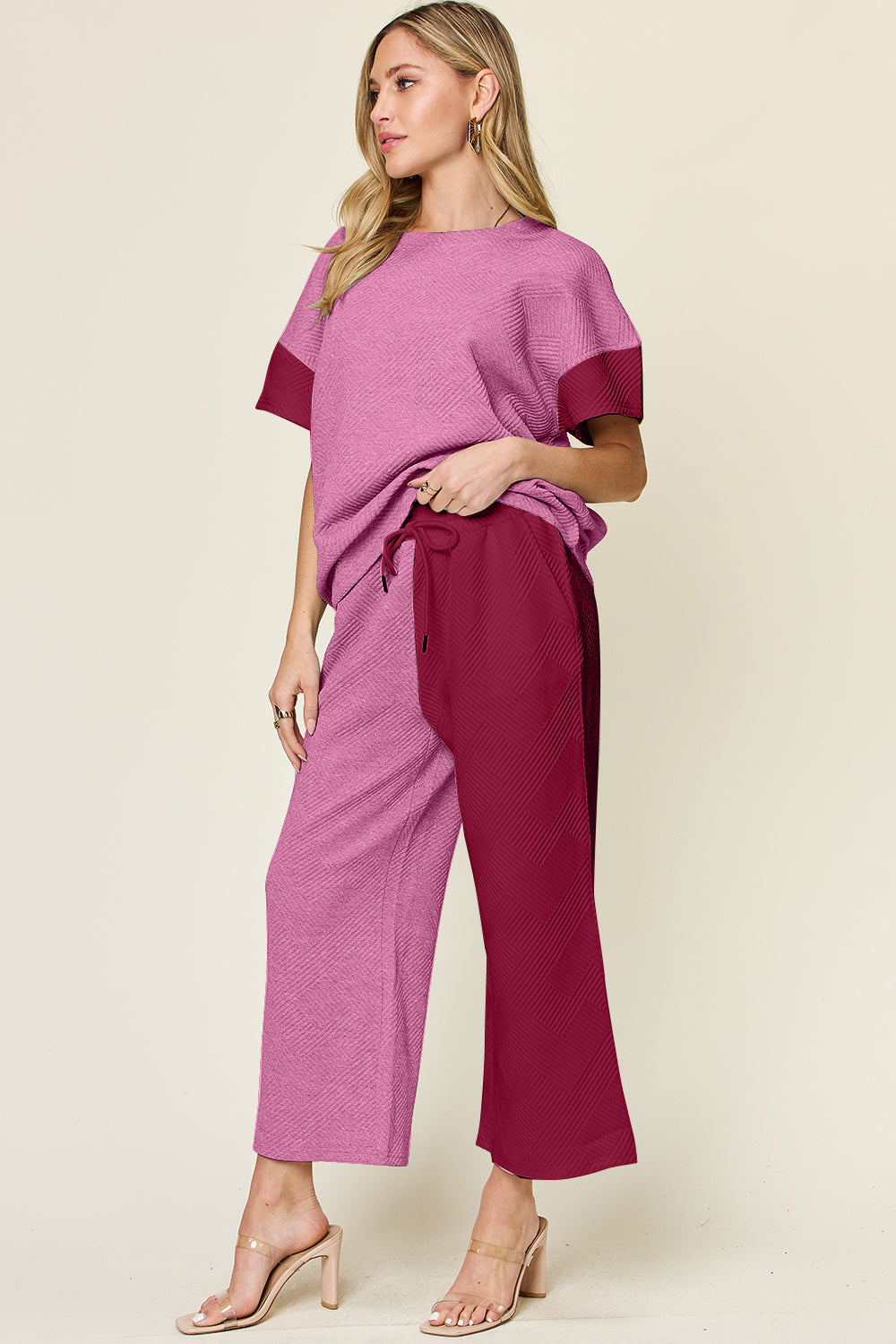 DOUBLE TAKE Full Size Texture Contrast T-Shirt and Wide Leg Pants Set